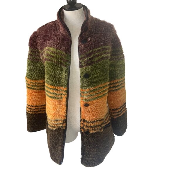 Vintage Womens Jacket Size Medium Multicolor Knitted Fur Leather Trim Custom - Picture 2 of 12